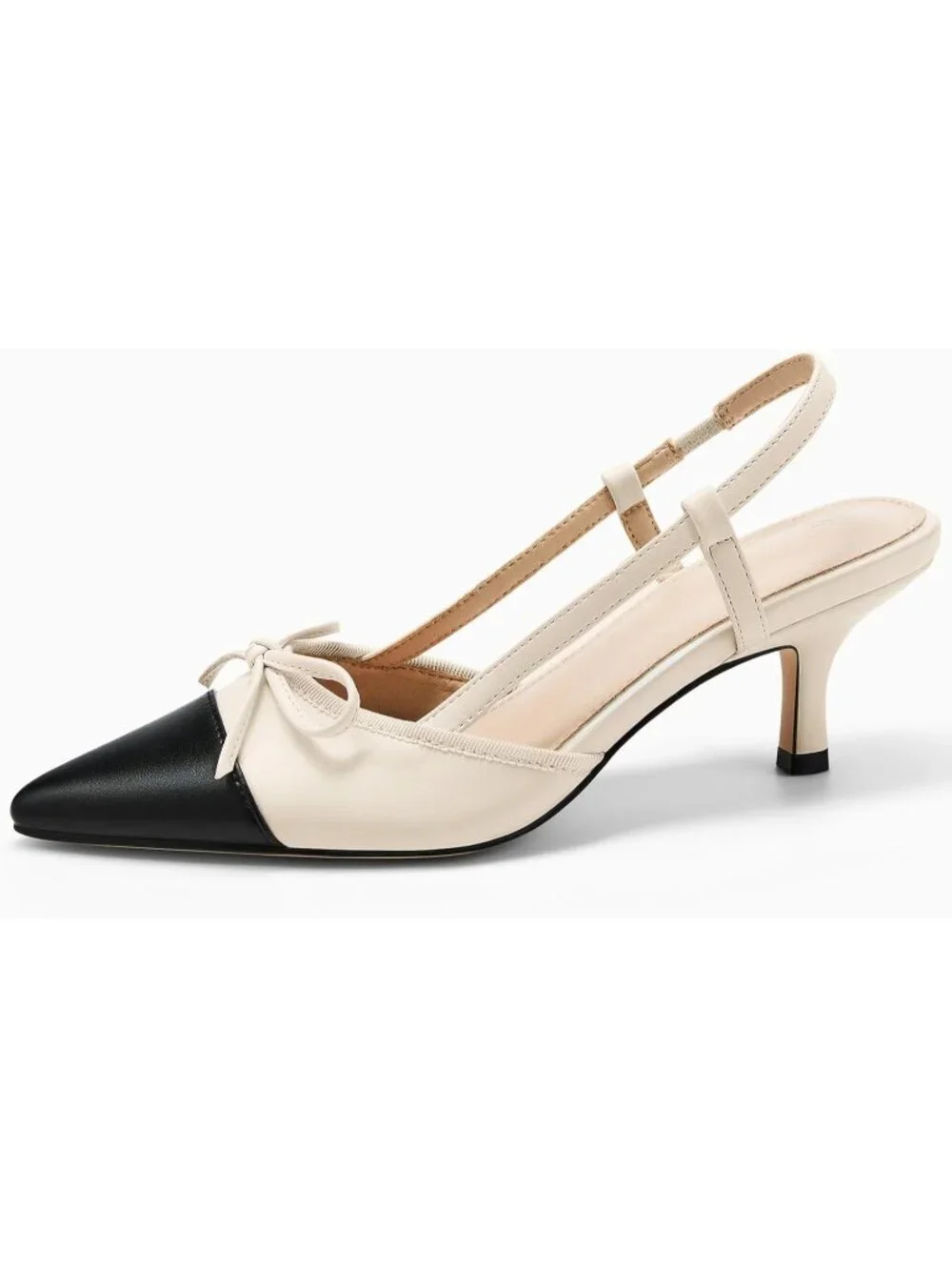 Women's Beige Slingback Kitten Low Heels Bow Closed Pointed Toe Dress Shoes